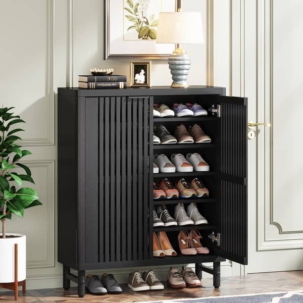 Shoe Cabinet Charcoal Black Louvered Doors Multi Tier Storage