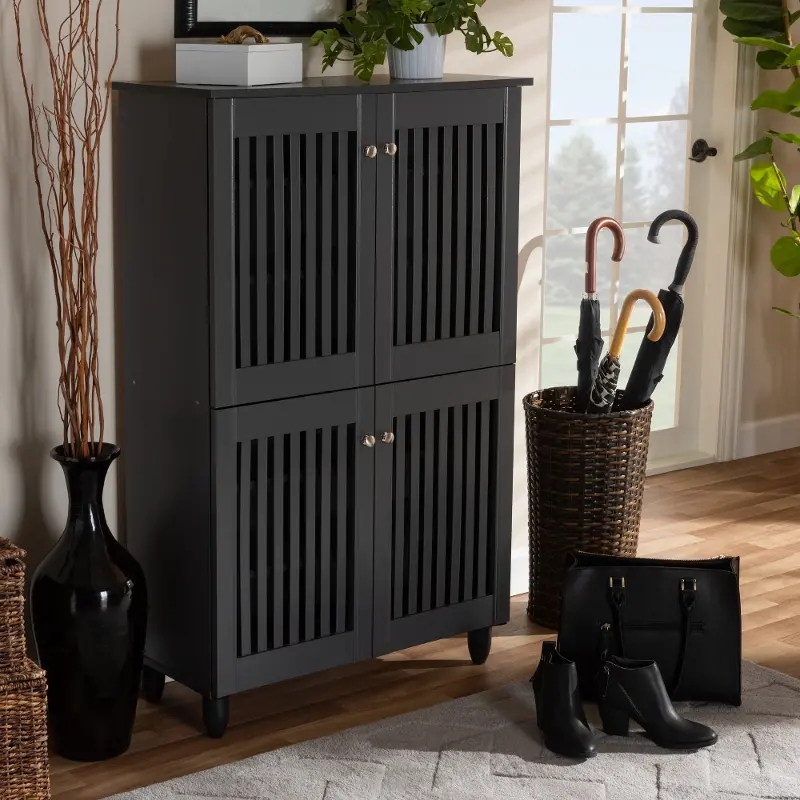 Shoe Cabinet Dark Gray Charcoal Four Doors Vertical Slatted Panels
