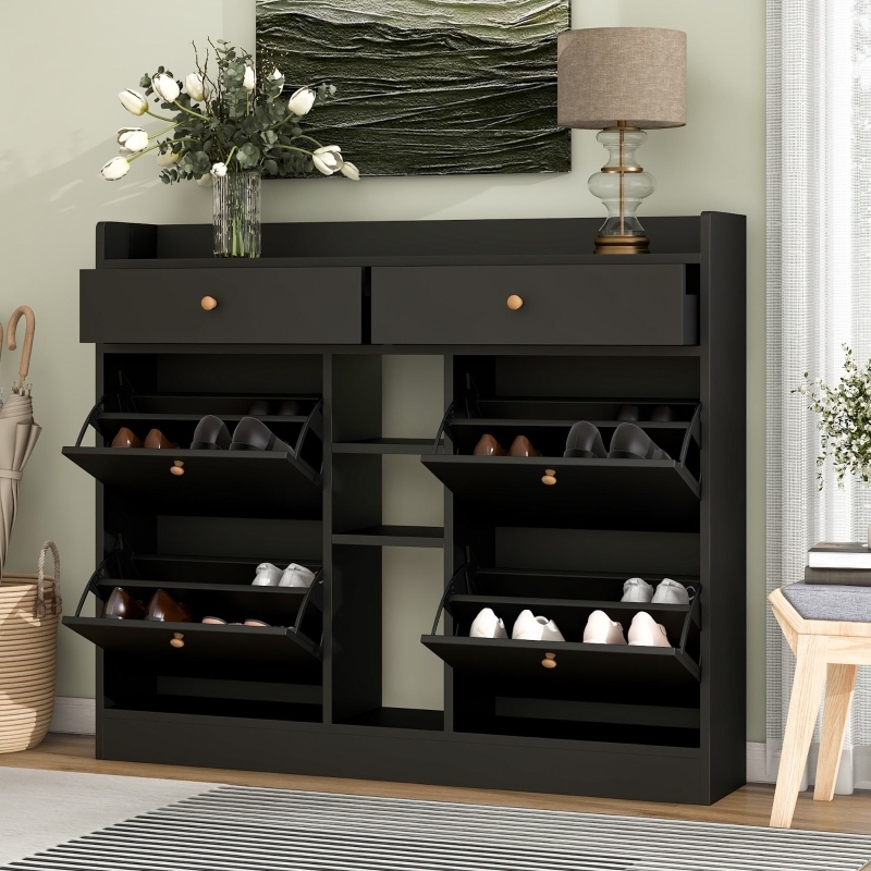 Shoe Cabinet Four Flip Drawers Open Center Shelving Top Utility Drawers