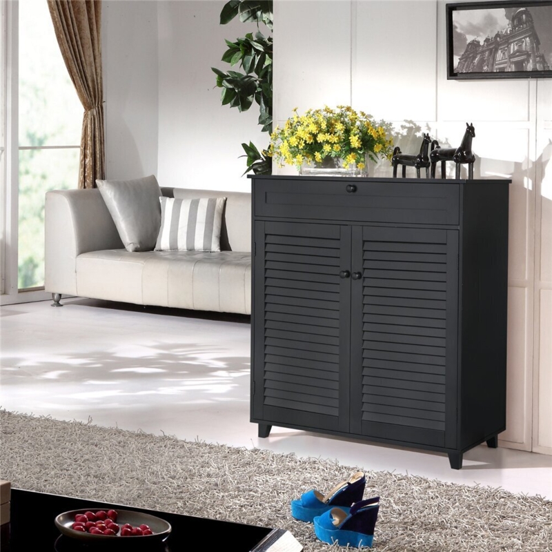 Shoe Cabinet Louvered Doors Top Drawer Tapered Legs Ventilated Storage