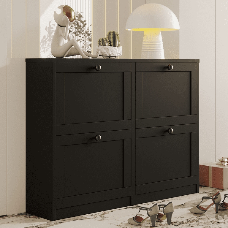 Shoe Cabinet Matte Black Double Column Four Flip Drawers Rack