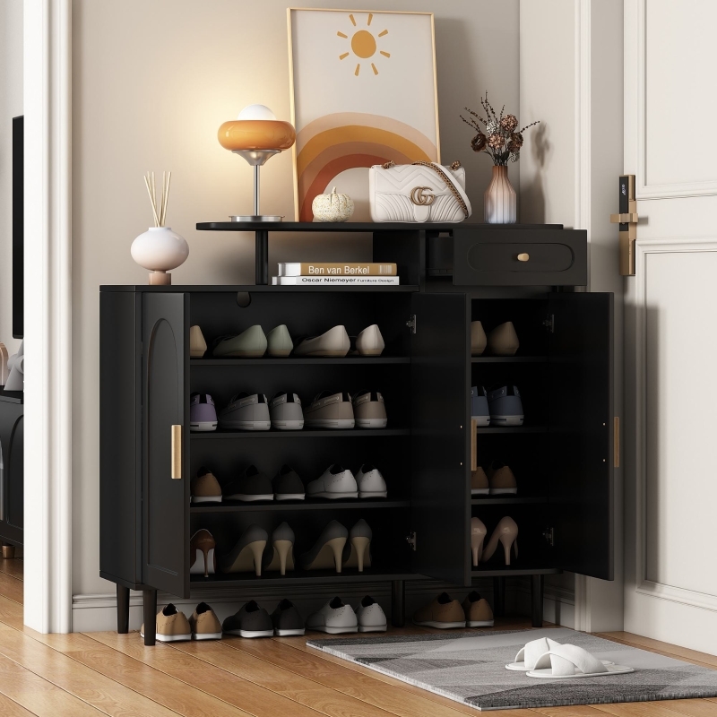 Shoe Cabinet Matte Black Top Display Shelf Arched Doors Gold