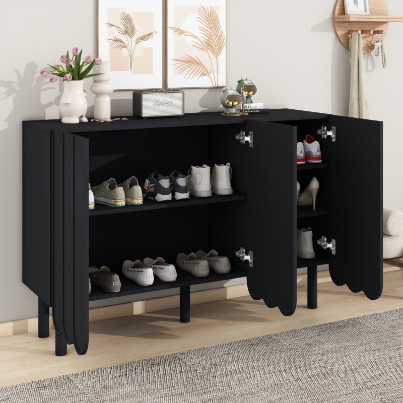 Shoe Cabinet Matte Black Wave Bottom Doors Ribbed Texture Storage