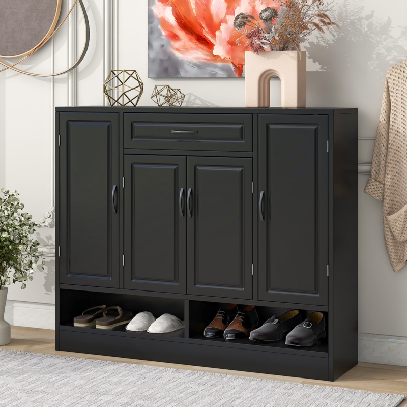 Shoe Cabinet Recessed Paneling Open Bottom Shelf Four Doors Storage