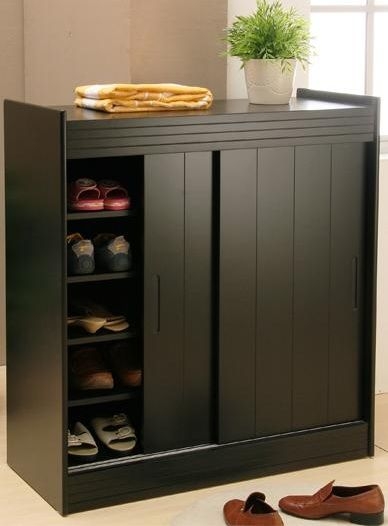 Shoe Cabinet Sliding Doors Vertical Grooved Panels Raised Gallery Top