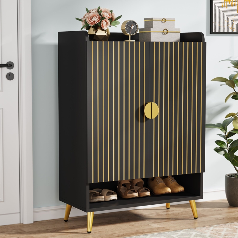 Shoe Cabinet Vertical Gold Slats Circular Handle Art Deco Style