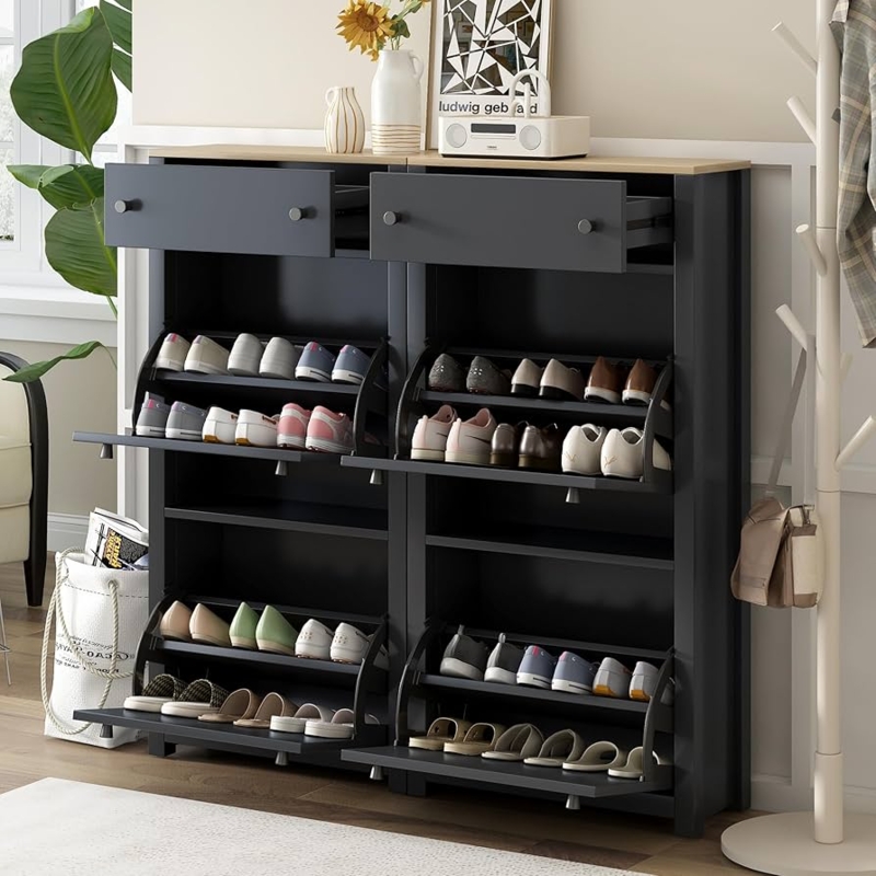 Shoe Rack Light Wood Top Four Flip Drawers Utility Storage