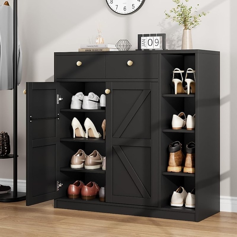 Shoe Storage Cabinet Barn Door Detail Open Side Shelving Gold Knobs