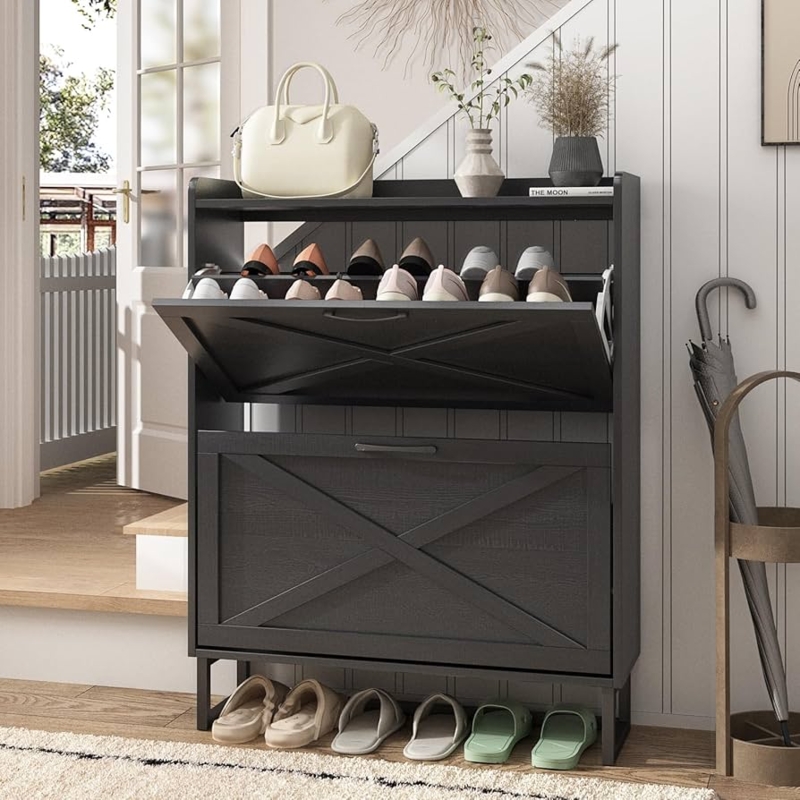 Shoe Storage Cabinet Charcoal Black X Pattern Flip Drawers Wood Grain
