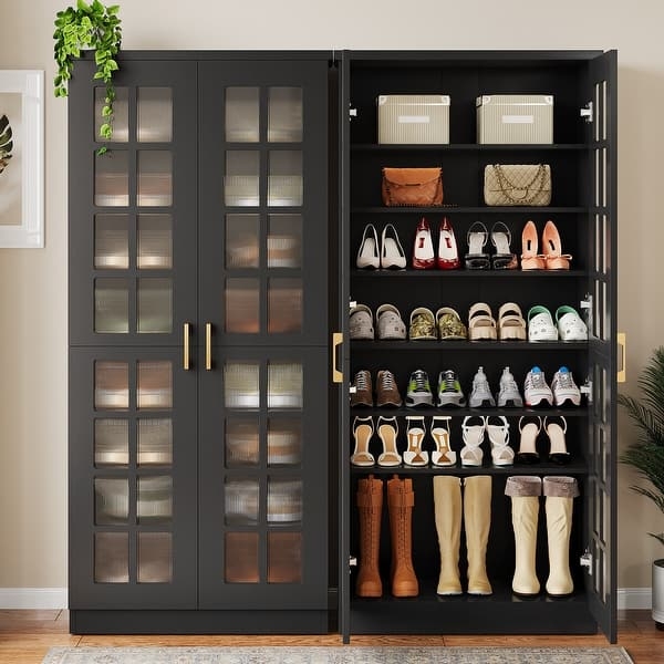 Shoe Storage Cabinet Fluted Glass Mullion Doors Gold Handles Tall