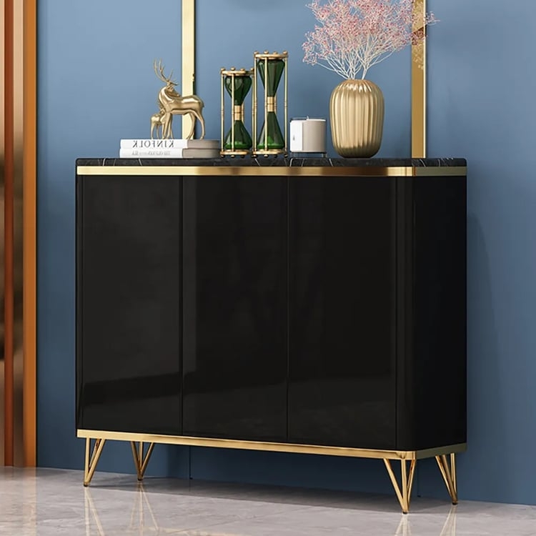 Shoe Storage Cabinet Marble Pattern Top Glossy Finish Gold Trim
