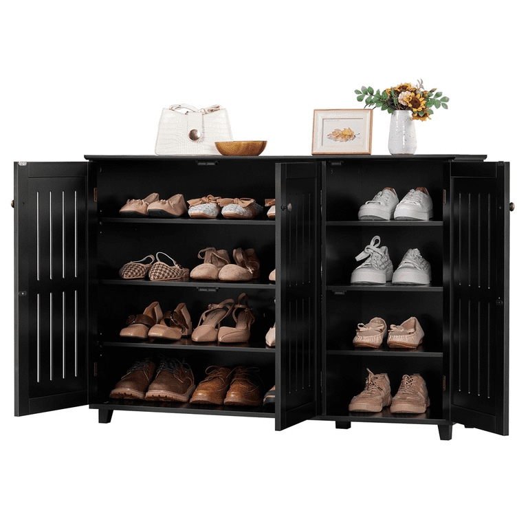 Shoe Storage Cabinet Three Door Louvered Design Short Block Legs