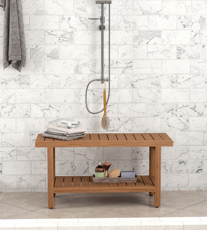 Shower Bench with Slatted Seat and Lower Shelf Storage