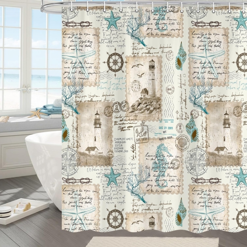 Shower Curtain featuring Vintage Postcard Print and Lighthouse Motif