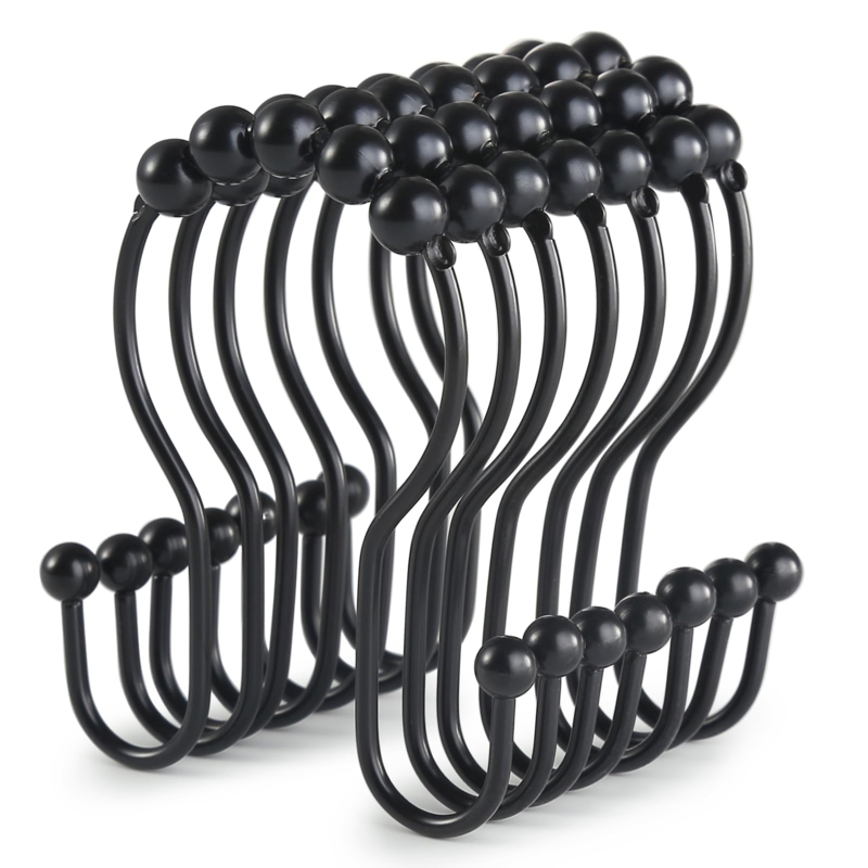 Shower Curtain Hooks Matte Black Double Sided Roller Balls