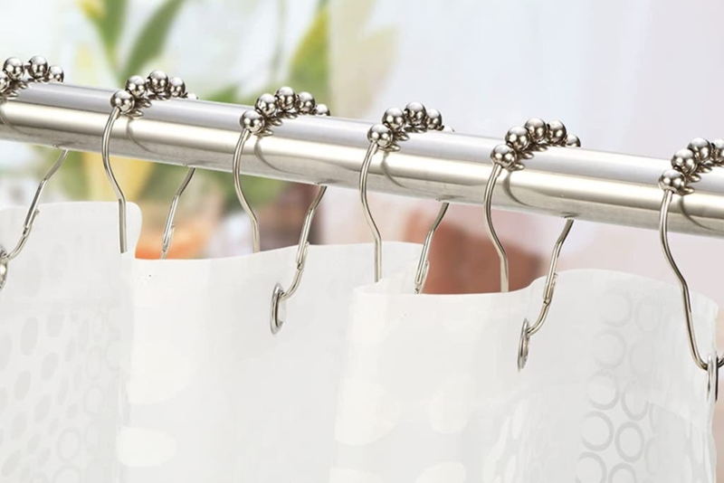 Shower Curtain Hooks Polished Silver Roller Balls Geometric Pattern
