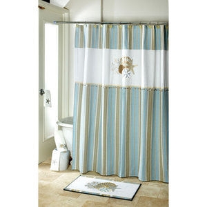 Shower Curtain Set with Seashell Motifs and Vertical Stripes
