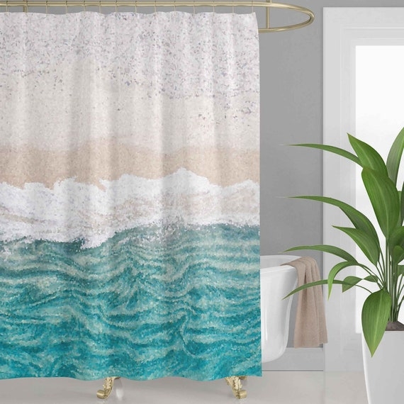 Shower Curtain with Abstract Wave Pattern in Teal to Beige Gradient