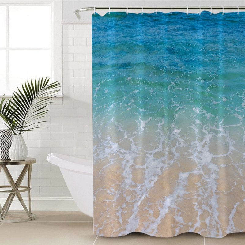 Shower Curtain with Aerial Beach Print and Foaming Wave Texture