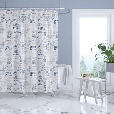 Shower Curtain with Beach Life Script and Navy on White Toile