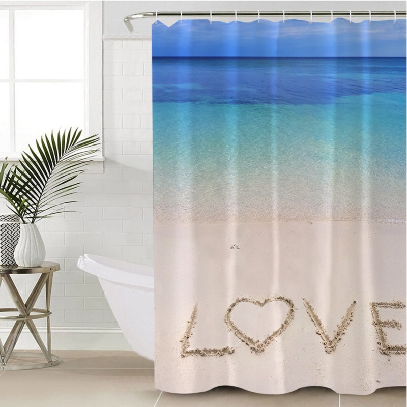 Shower Curtain with Beach Photography and Sand Written Love Motif