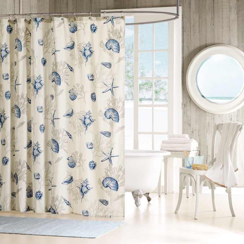Shower Curtain with Blue Seashell Print for Coastal Bayside Theme Decor
