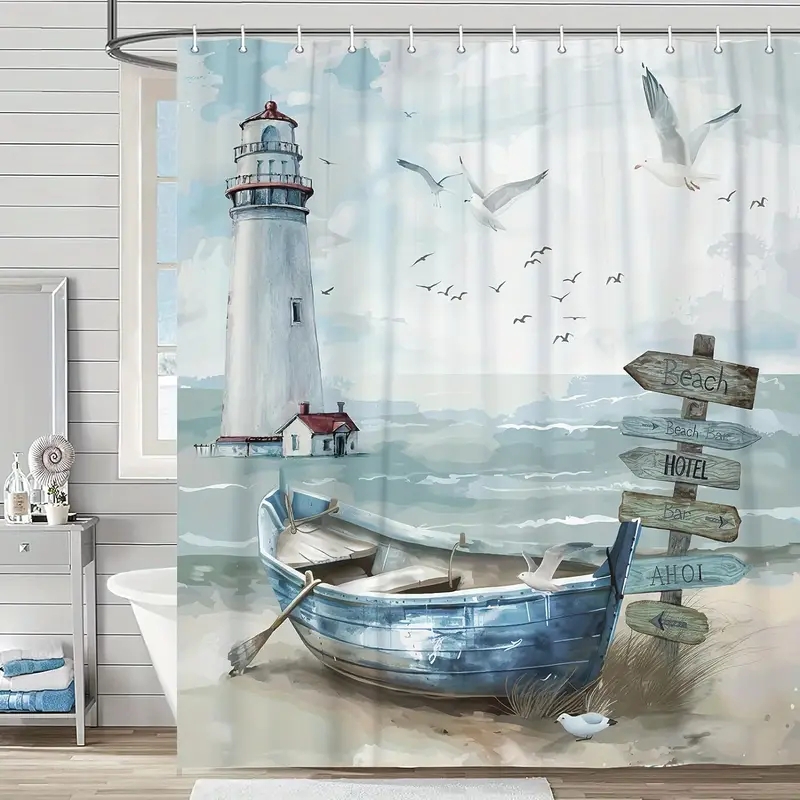 Shower Curtain with Lighthouse Motif and Rowboat Illustration