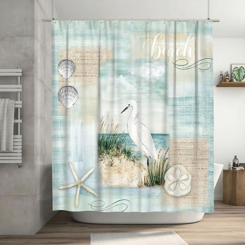 Shower Curtain with Mixed Media Collage and Heron Subject