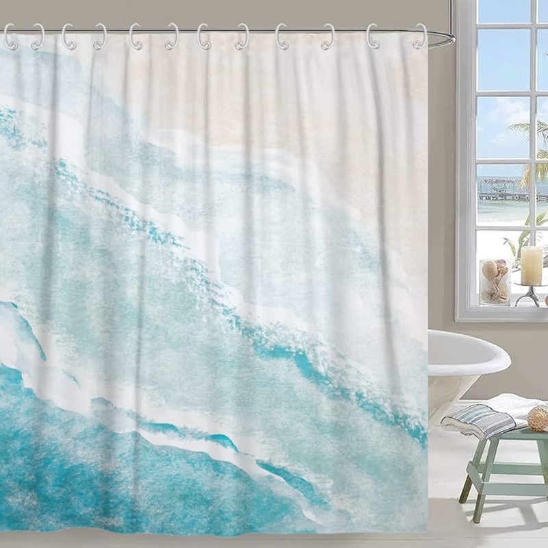 Shower Curtain with Ocean Wave Pattern and Teal Watercolor Print