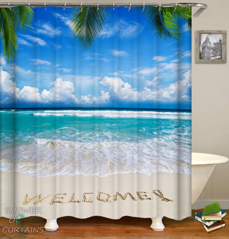 Shower Curtain with Sand Text Graphic and Photorealistic Beach Scene