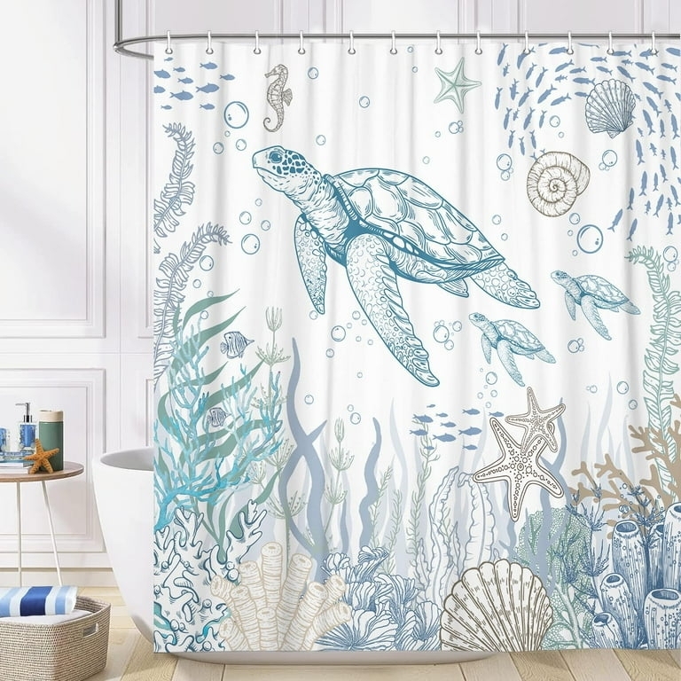 Shower Curtain with Sea Turtle Illustration and Detailed Linework