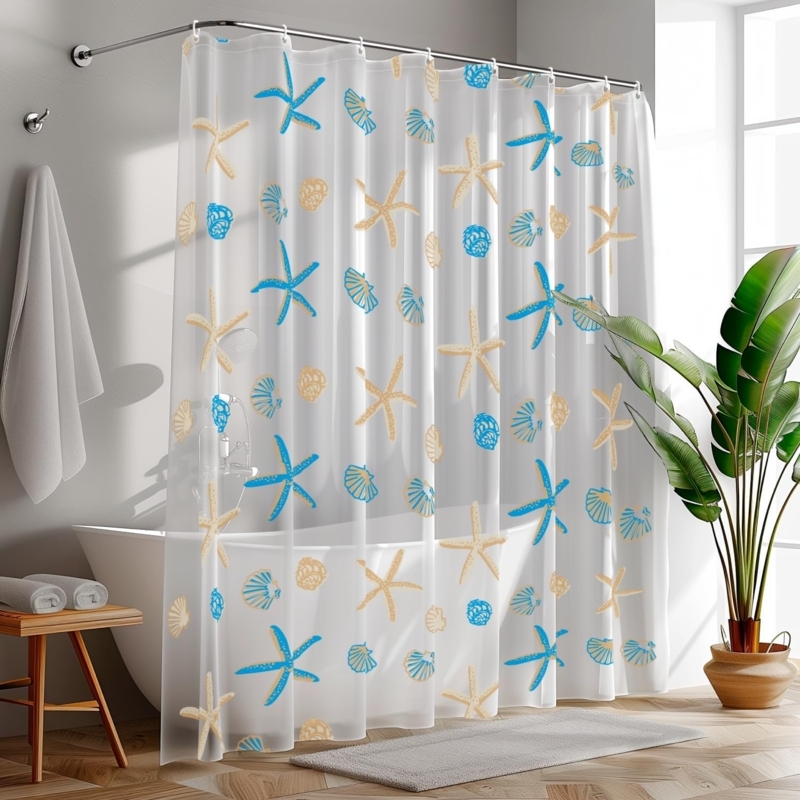 Shower Curtain with Starfish Seashell Print and Semi Transparent Material