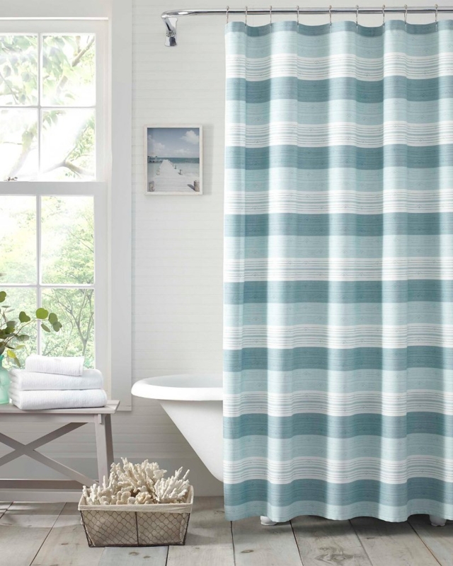 Shower Curtain with Tonal Blue Stripes and Woven Texture