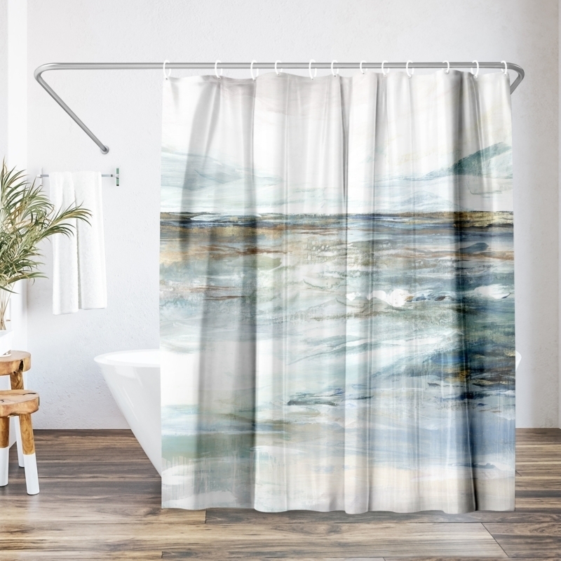 Shower Curtain with Watercolor Landscape Print and Midnight Clear Art