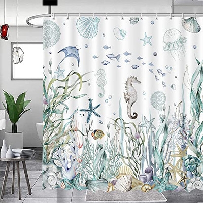Shower Curtain with Watercolor Marine Life and Seahorse Illustration