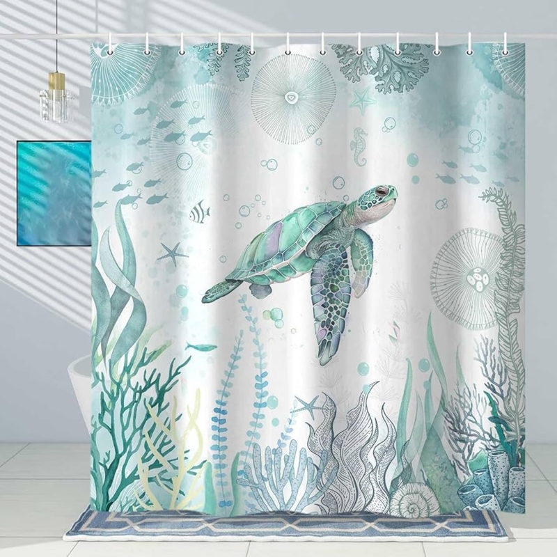 Shower Curtain with Watercolor Sea Turtle and Teal Oceanic Palette