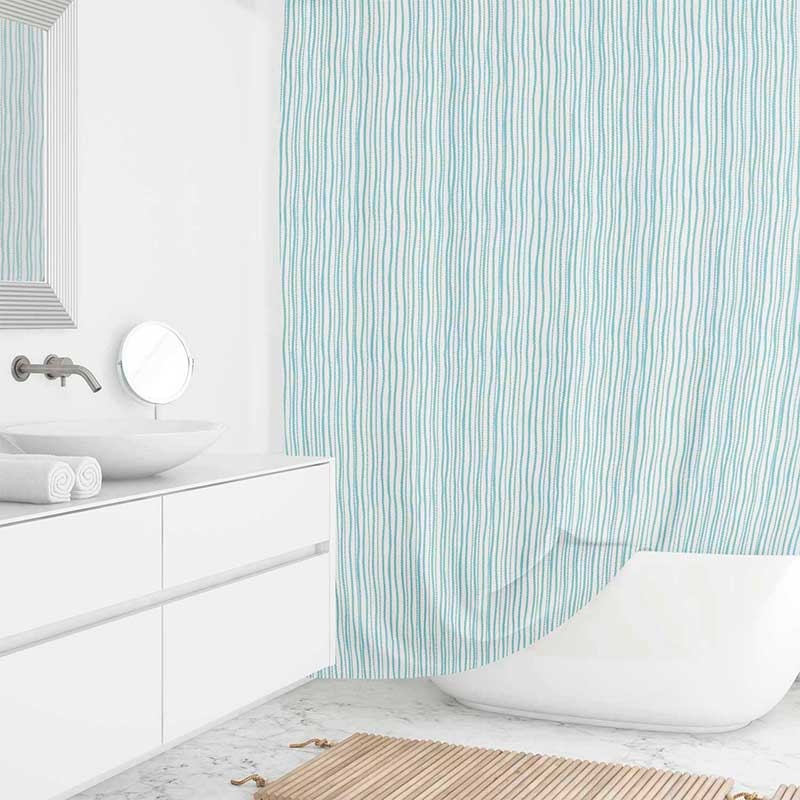 Shower Curtain with Wavy Vertical Stripes and Aqua Color Palette