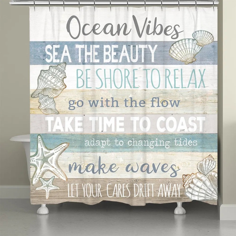 Shower Curtain with Weathered Wood Texture and Typographic Design