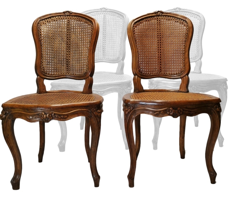 Side Chair Hand-Carved Floral Cane Seat Polished Walnut Louis XV
