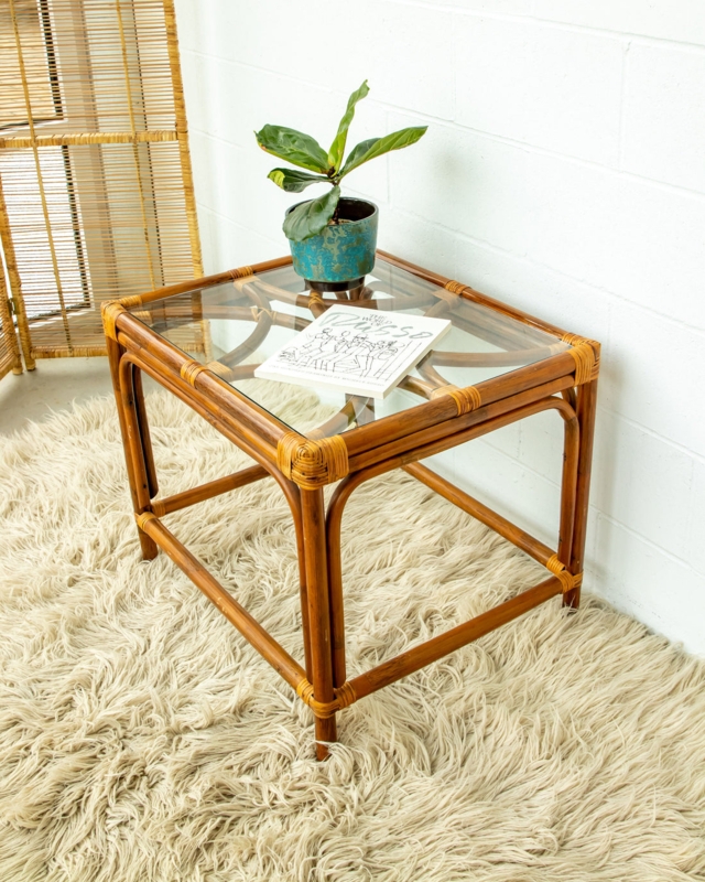 Side Table Arched Stretchers Wrapped Joints Inset Glass Top Bohemian