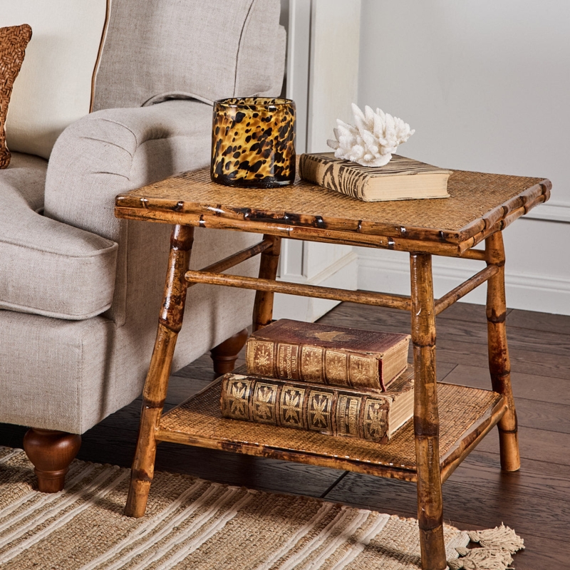 Side Table Bamboo Joints Glossy Finish Woven Rattan, Coastal Chic