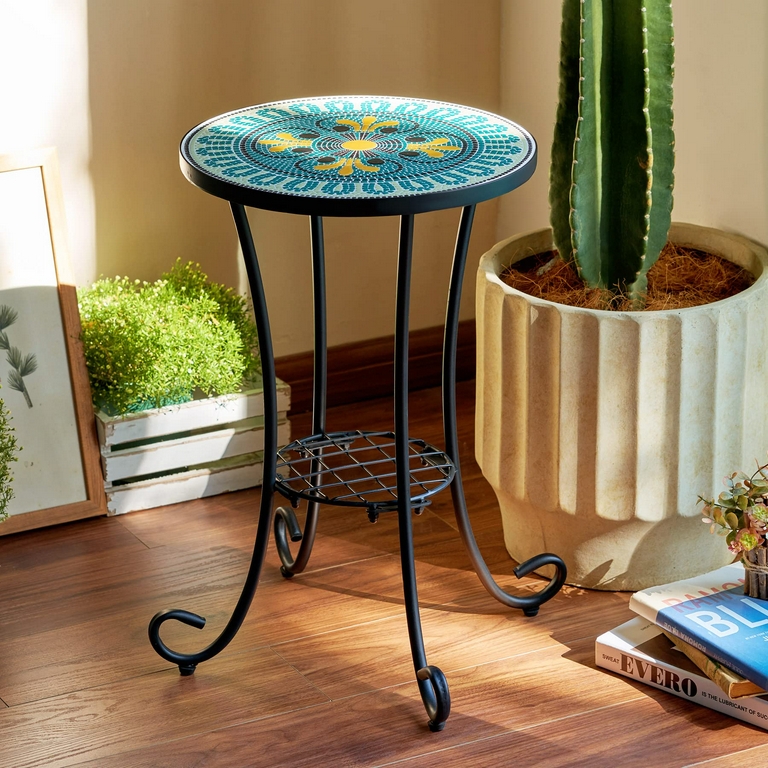 Side Table Bohemian Mosaic Top Wire Shelf Scroll Feet Teal Blue
