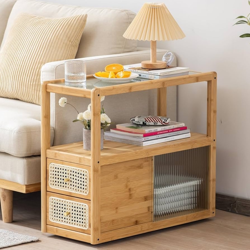 Side Table Cane Drawers Ribbed Glass Panel, Rattan Drawer Nightstand