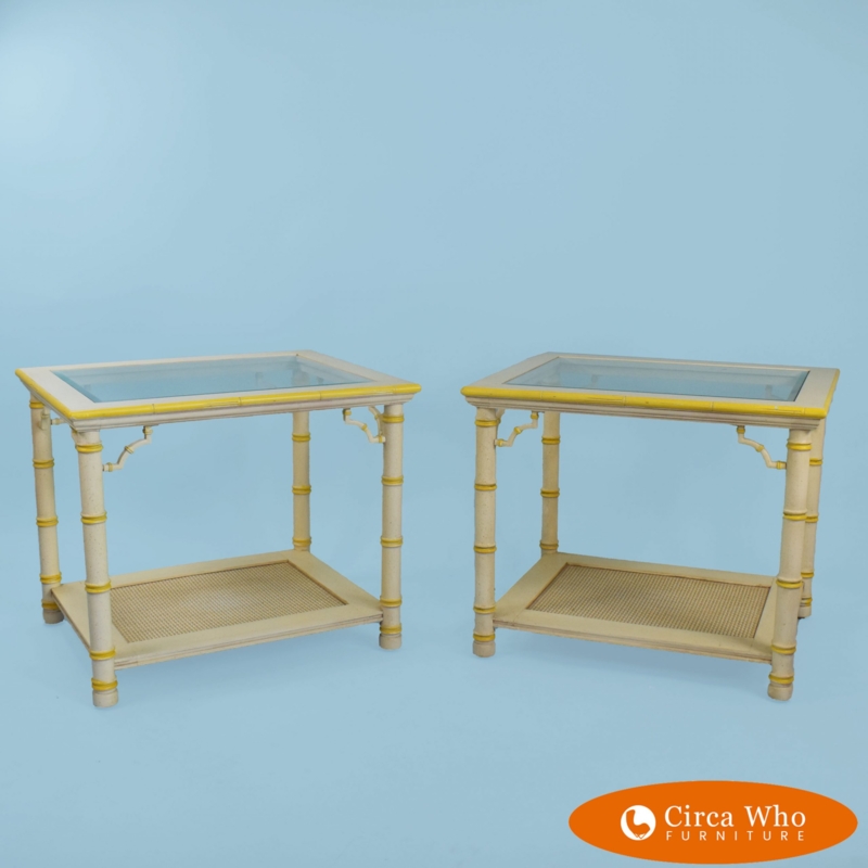 Side Table Cream Faux Bamboo Yellow Accents Glass Top Chinoiserie