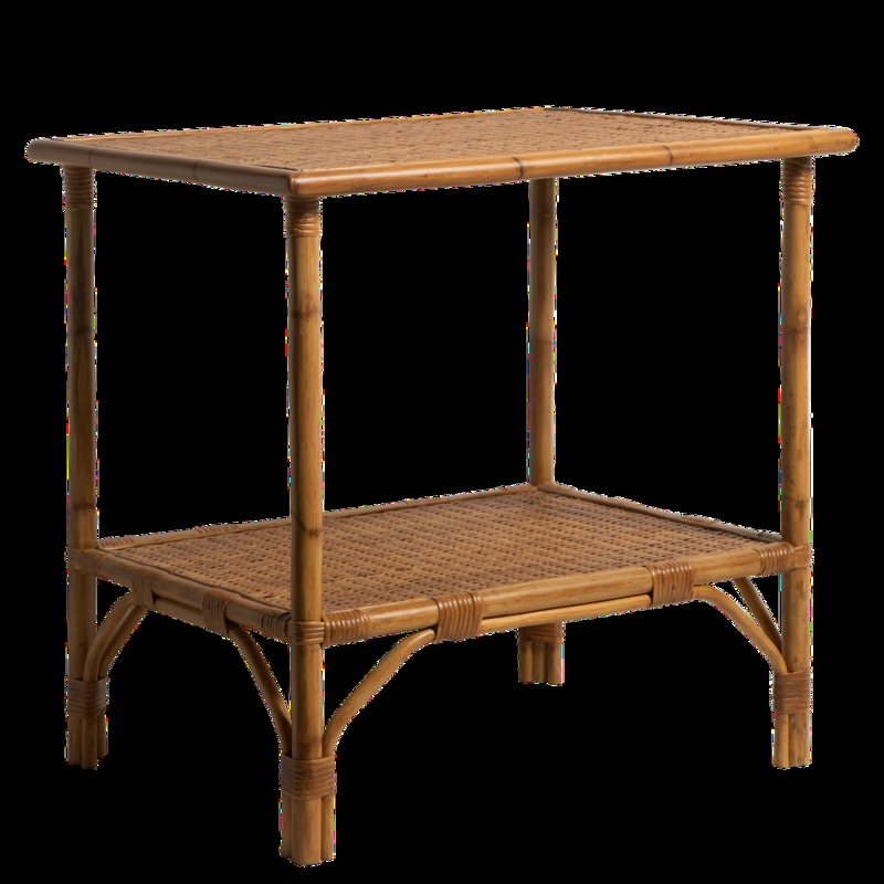 Side Table Curved Braces Wrapped Binding Woven Rattan Tiers Coastal