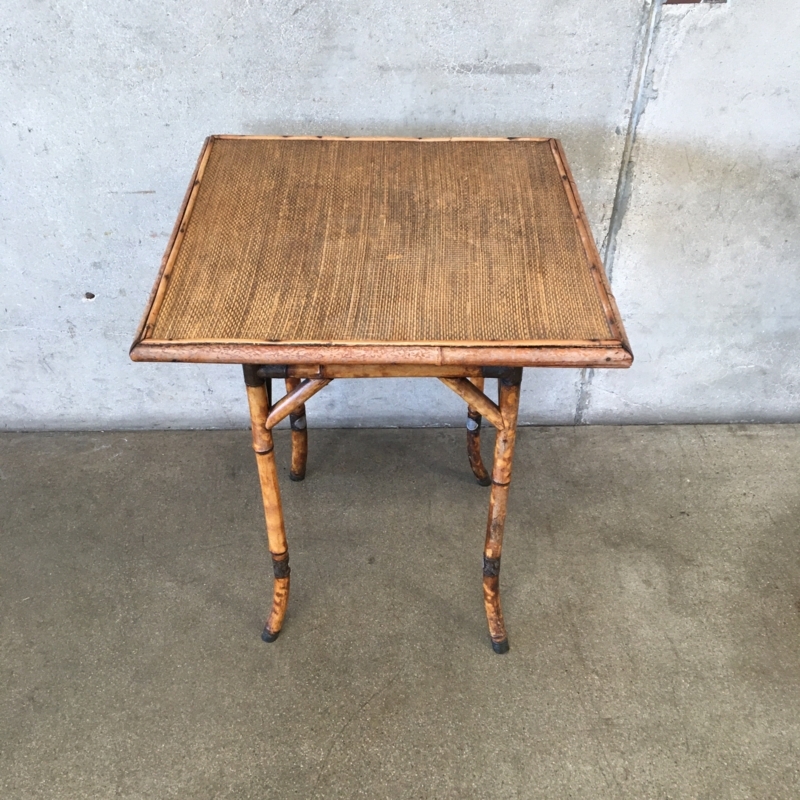 Side Table Curved Leg Brackets Antique Distressed Woven Rattan Top