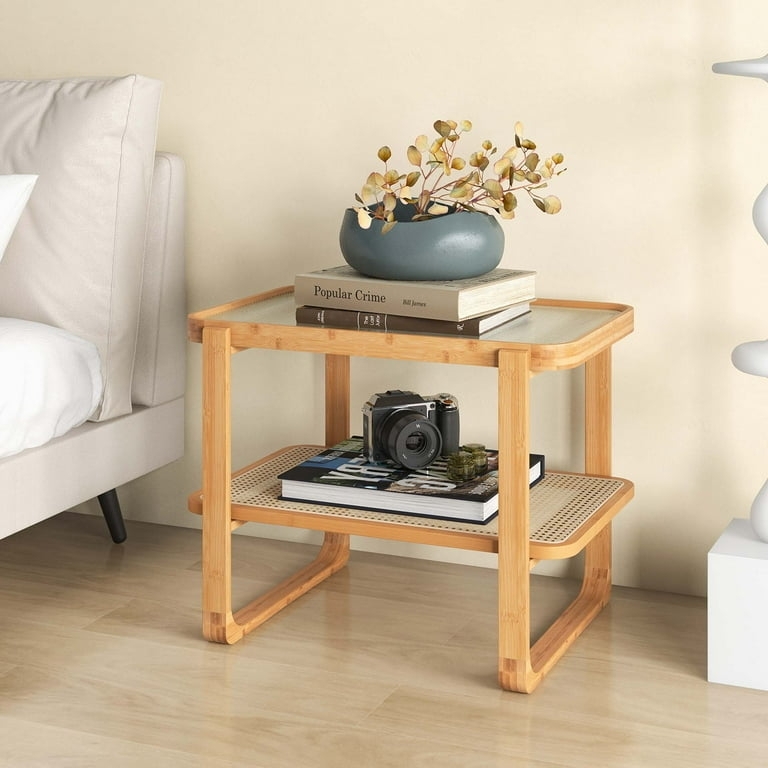 Side Table Curved U-Shaped Base Glass Top, Rattan Shelf End Table