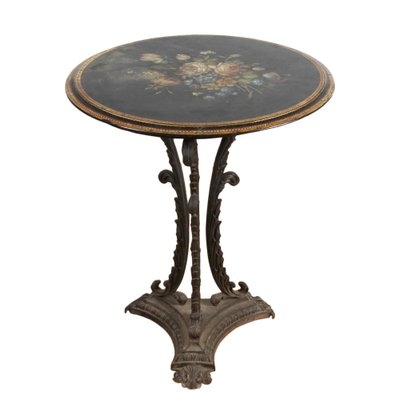 Side Table Floral Painted Slate Cast Iron Tripod Victorian