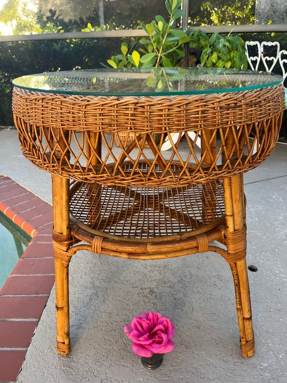 Side Table Lattice Woven Apron Burnt Bamboo Round Glass Top