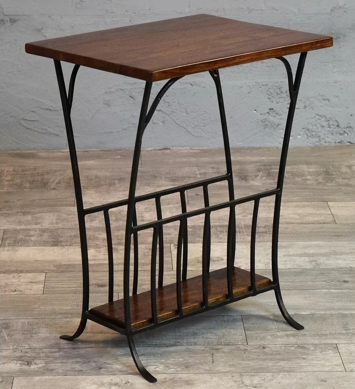 Side Table Magazine Rack Wood Toned Matte Black Metal Frame